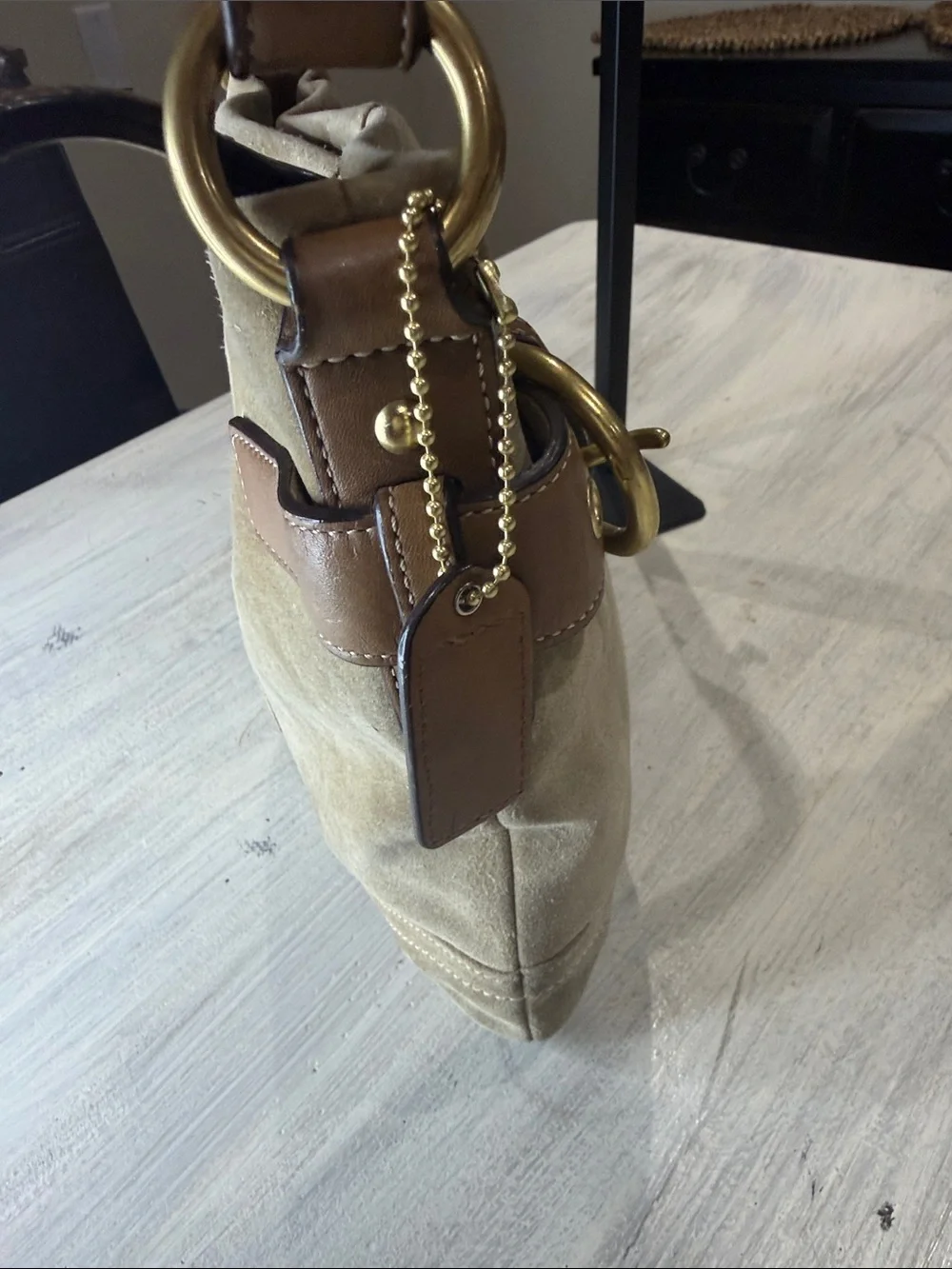 Vintage Y2K CoachTan Suede Bucket Hobo with Brown Leather Trim & Gold Hardware
